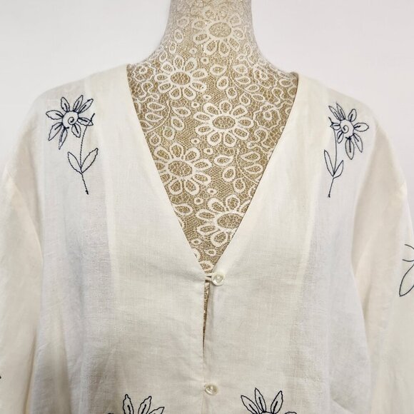 Jennifer Women Size 20 White Embroidered Long Sleeve 100% Ramie Button Tunic Top - Picture 2 of 16